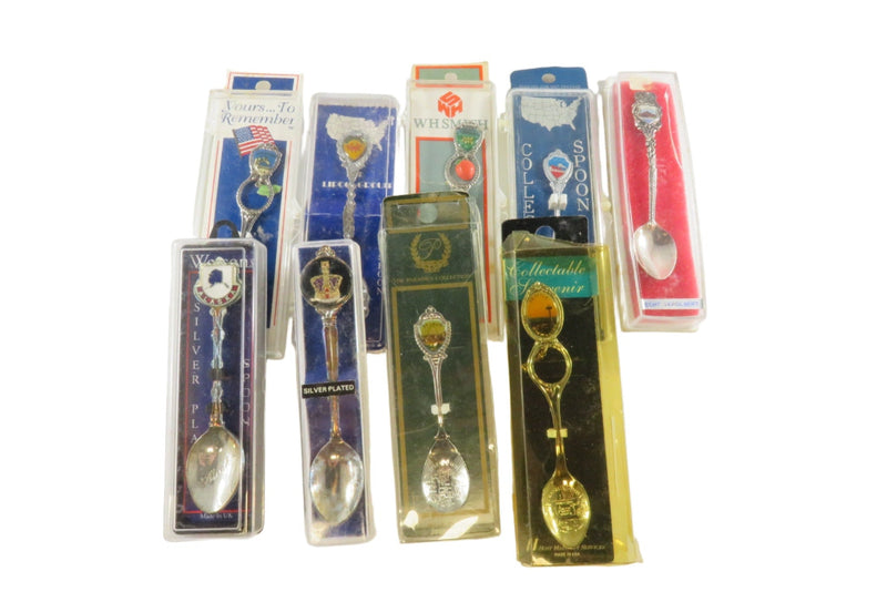 Grouping of Collectors Spoons Travel Lot of 9 Different Spoons — Silver — front view