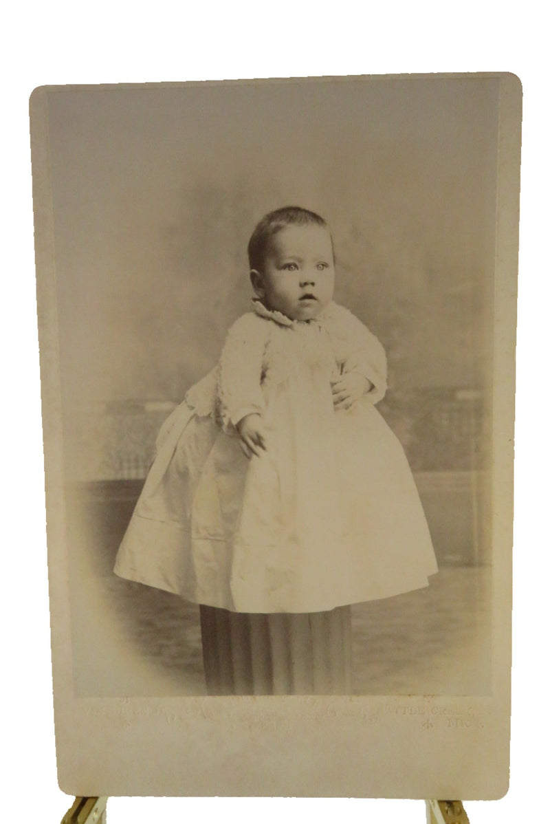 Cute Baby on Roman Style Column Antique Cabinet Card J. Howard Baker Little Cree — front view