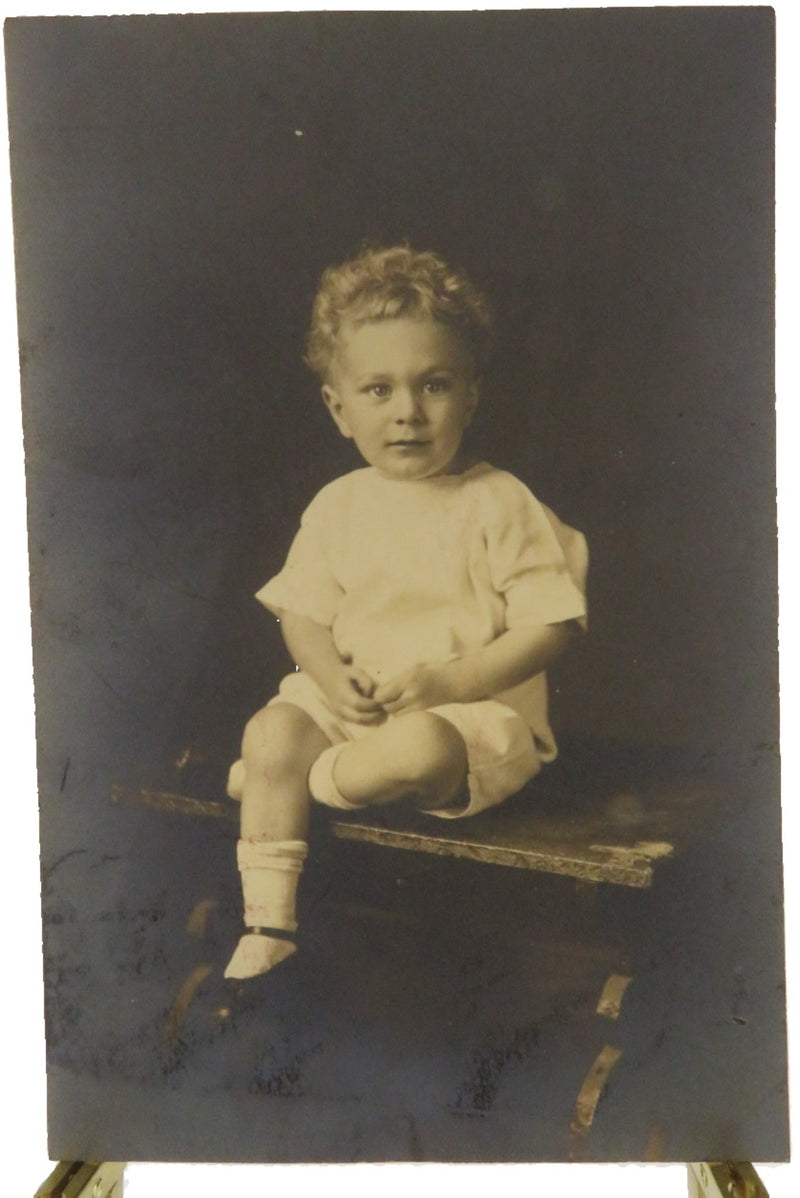 Antique Photograph A Blonde Toddler Seated on Bench c1915 — front view