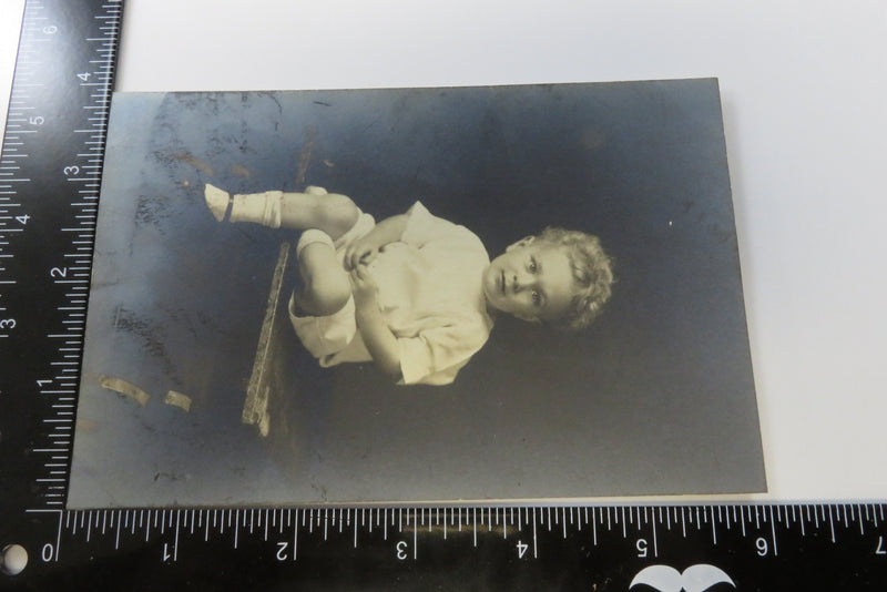 Antique Photograph A Blonde Toddler Seated on Bench c1915