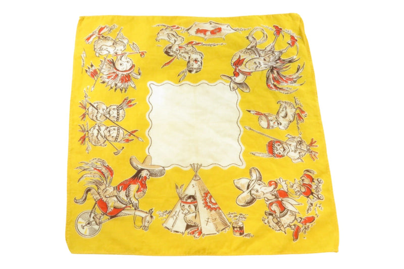 Adorable Old Cowboy & Indians Duck, Rooster, Chicks Themed Handkerchief — front view
