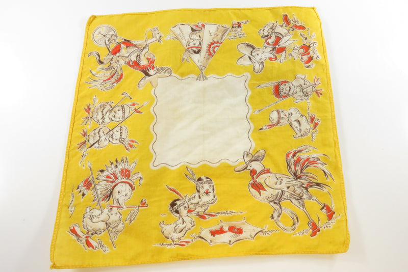 Adorable Old Cowboy & Indians Duck, Rooster, Chicks Themed Handkerchief