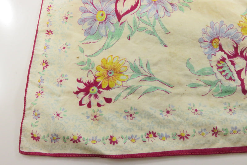 Vintage Floral Handkerchief with Green, Blue, Yellow, Burgundy, Tanning