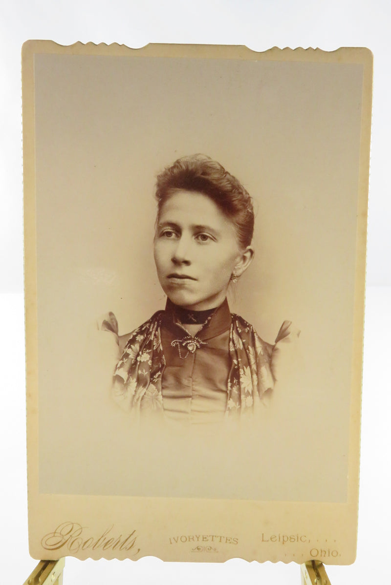 Antique Cabinet Card Young 30ish Woman Fancy Dress Roberts Lepsic Ohio