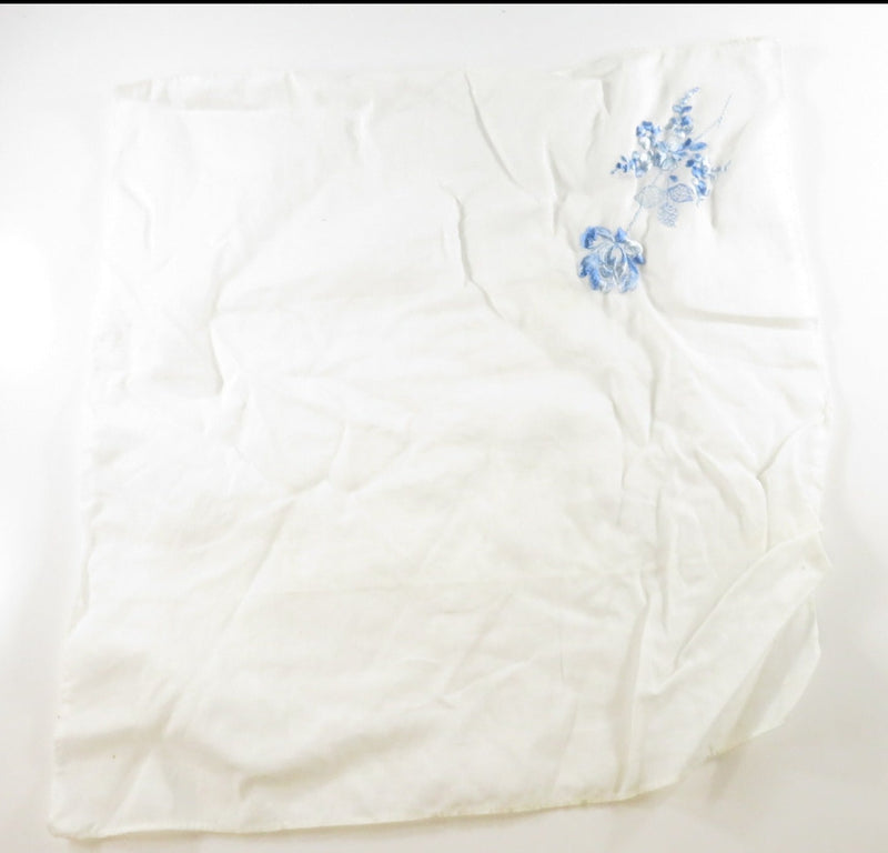 Vintage Yellowed Handkerchief with Blue Embroidered Floral Pattern