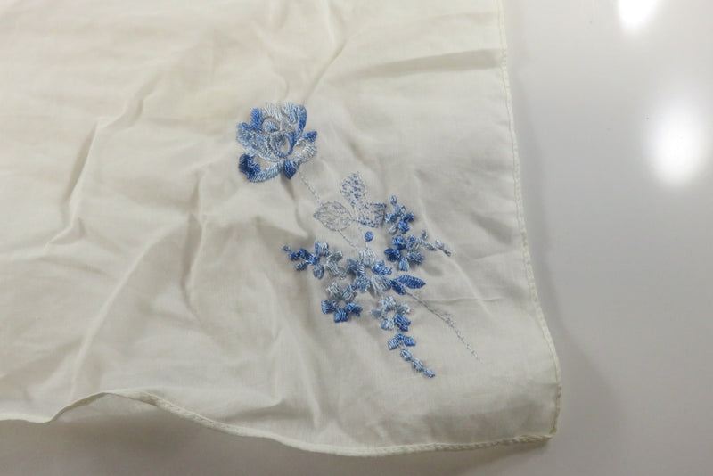Vintage Yellowed Handkerchief with Blue Embroidered Floral Pattern
