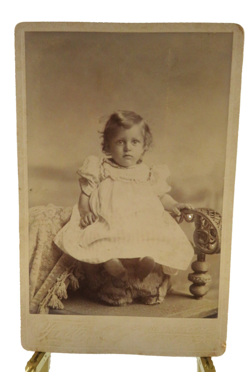 Cute Toddler in Dress Named Sitter Warren Deisher Antique Cabinet Card Fritz Rea — front view