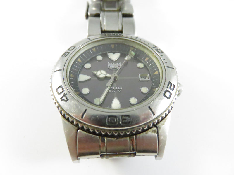 Elgin Steel PQS 5 ATM Japan Quartz Diver Watch Black Dial Date 40mm Stainless Bracelet Men's Sport Japan Made