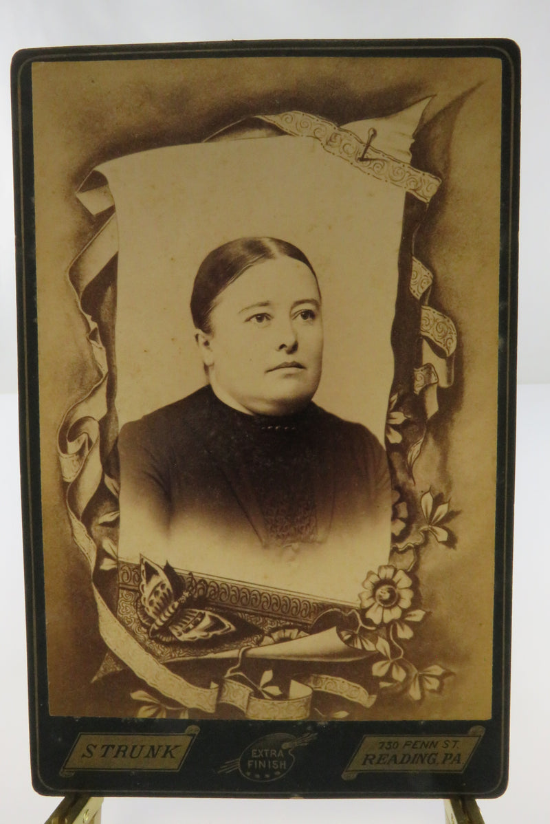 Woman in Black Butterfly Flower Ribbon Wrapped Mourning Antique Cabinet Card Strunk Reading PA