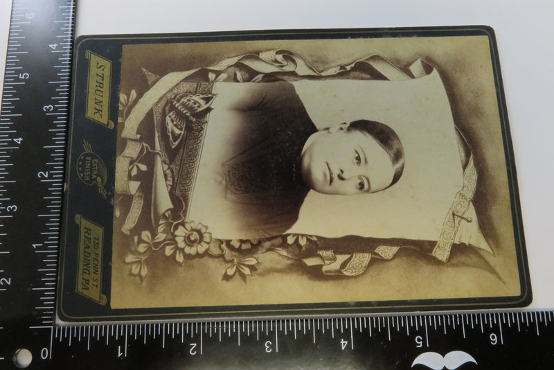 Woman in Black Butterfly Flower Ribbon Wrapped Mourning Antique Cabinet Card Strunk Reading PA
