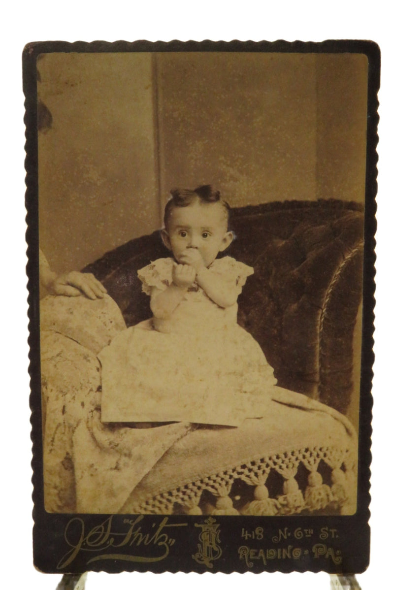 Baby on Couch hands to face Mom Hand Antique Cabinet Card Fritz Reading PA — front view