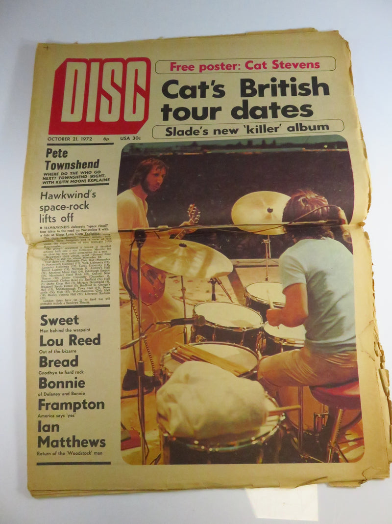 Disc Magazine Newspaper October 21 1972 Cat Stevens Townshend Reed Bread Frampton