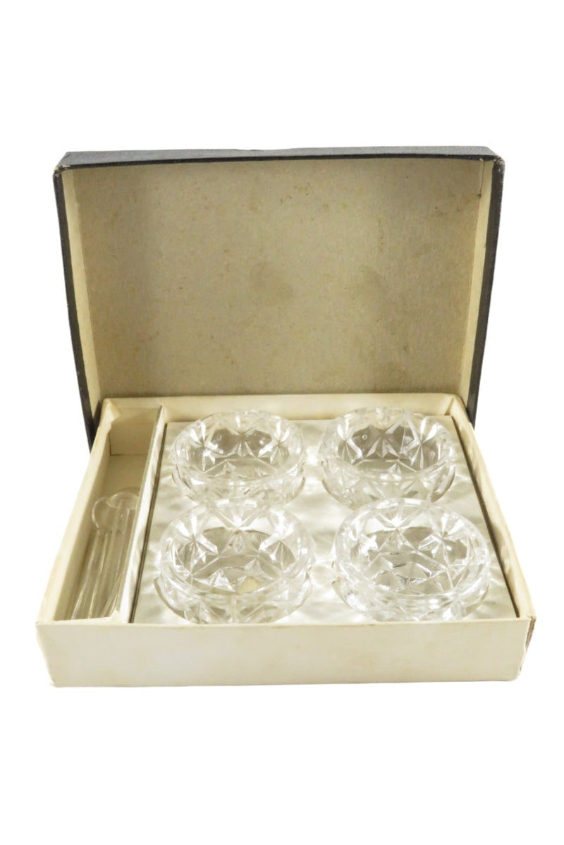 Vintage Viking Hand Made Japan 4 Piece Crystal Salt Cellar Set in Box — front view