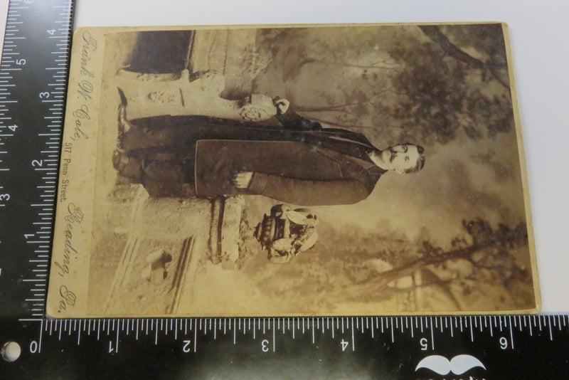 Man Long Trench Coat Stone Bench Antique Cabinet Card Frank W Cale Reading PA