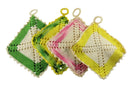 Vintage c1970's Handmade Crochet Hot Pads Pot Holders Yellow, Green, Pink White — front view