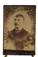 Mourning Antique Cabinet Card Man Flower Tie Pink Cheek Floral Wreath Strunk, Re product image for Just Stuff I Sell, clear front view, neutral background, original listing photo, optimized descriptive alt text, centered composition