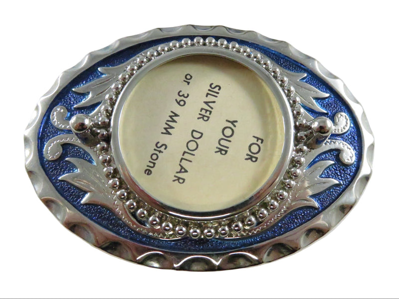 Decorative silver and blue oval dollar coin belt buckle with text on a white background