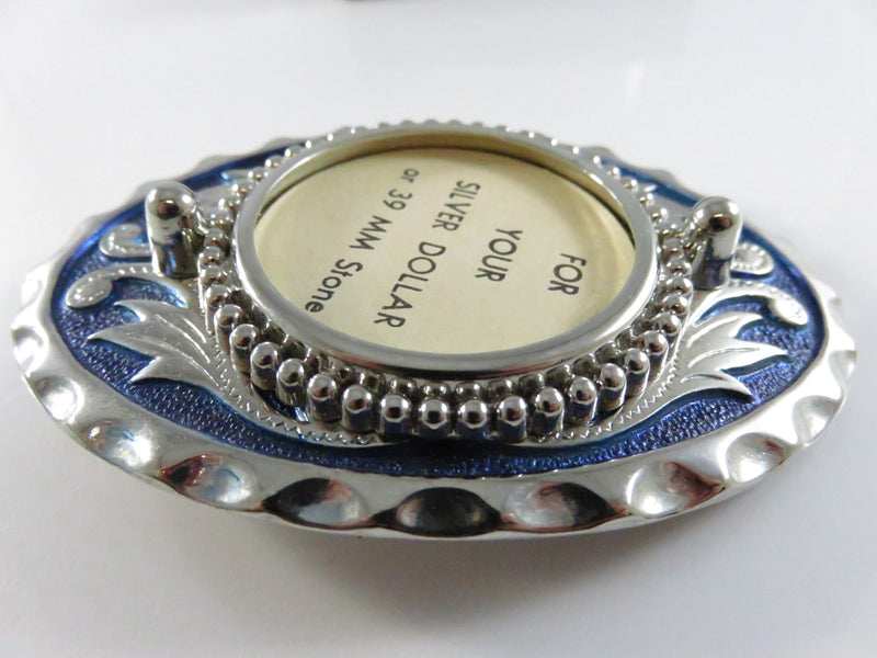 Vintage Silver Dollar Holder Belt Buckle Blue Enamel Western Scroll Design