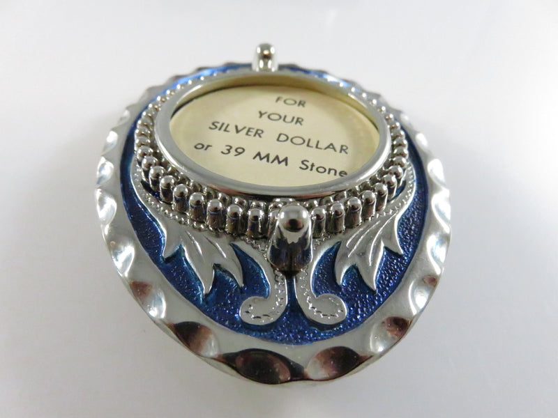 Vintage Silver Dollar Holder Belt Buckle Blue Enamel Western Scroll Design