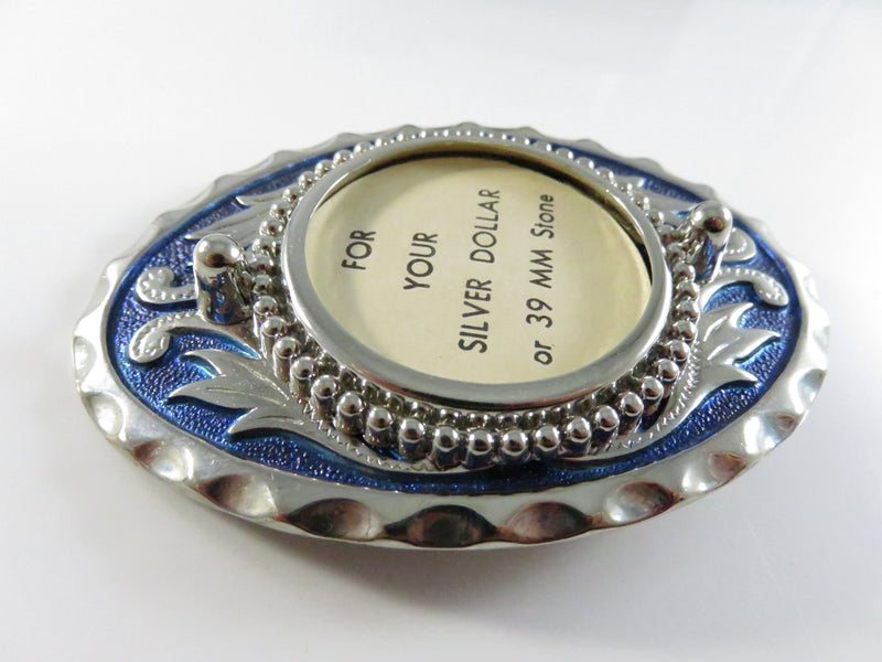 Vintage Silver Dollar Holder Belt Buckle Blue Enamel Western Scroll Design