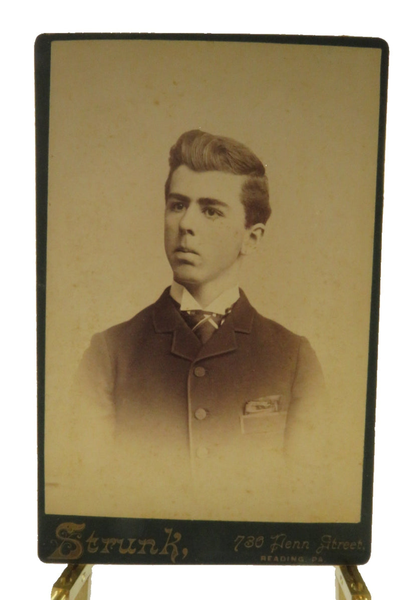 Elitist Looking Gentleman in Suit with Hanky Antique Cabinet Card Strunk Reading — front view