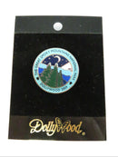 Pin with a design of mountains and trees on a black card with 'Bullseye' branding.