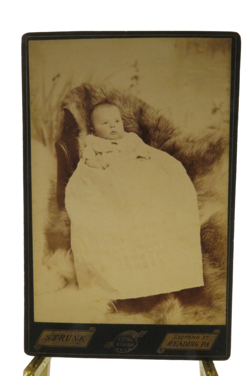 Baby in Chair On Fur Throw Antique Cabinet Card Strunk Reading PA