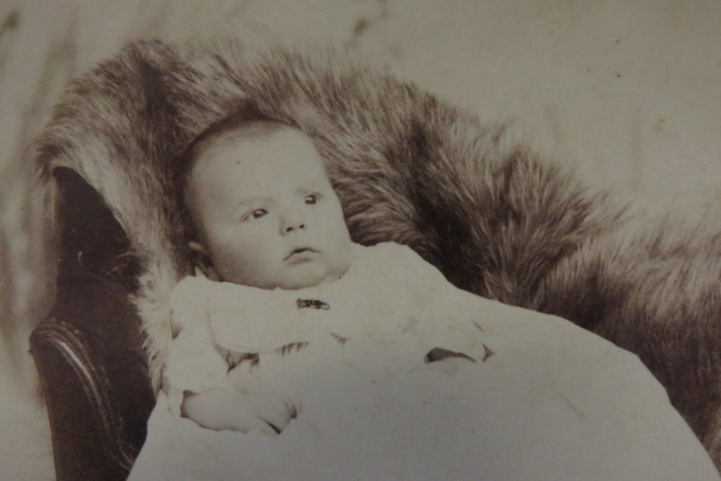 Baby in Chair On Fur Throw Antique Cabinet Card Strunk Reading PA