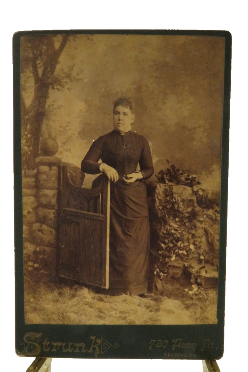 Woman Leaning on Gate Faux Stone Wall Antique Cabinet Card Strunk Reading PA