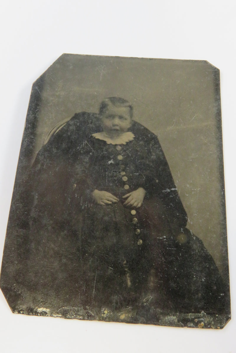 Antique Tintype Photo of Little Boy in High Collar Big Button Outfit