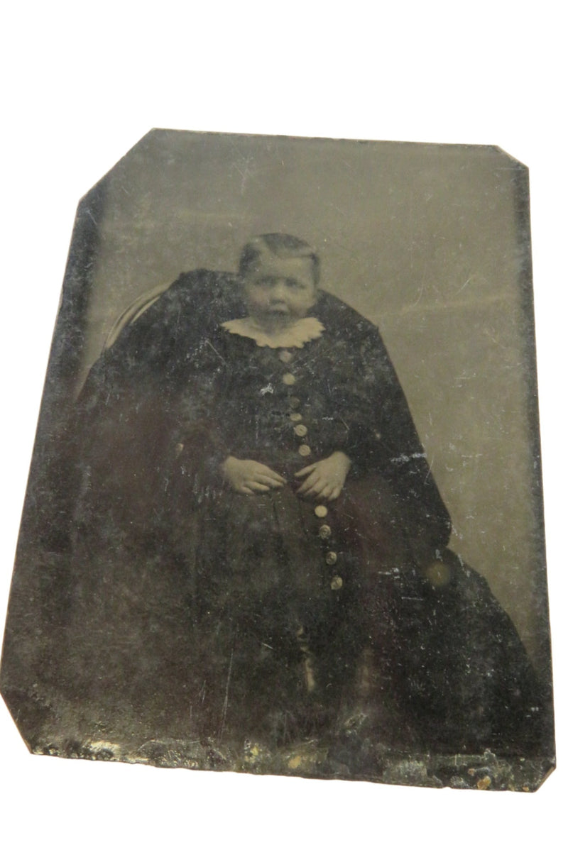Antique Tintype Photo of Little Boy in High Collar Big Button Outfit — front view
