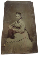 Antique Tintype Photo of Beautiful Young Lady in Fancy Dress Seated in Chair — front view