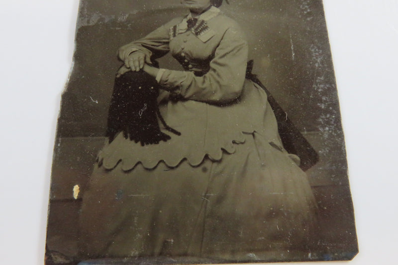Antique Tintype Photo of Beautiful Young Lady in Fancy Dress Seated in Chair