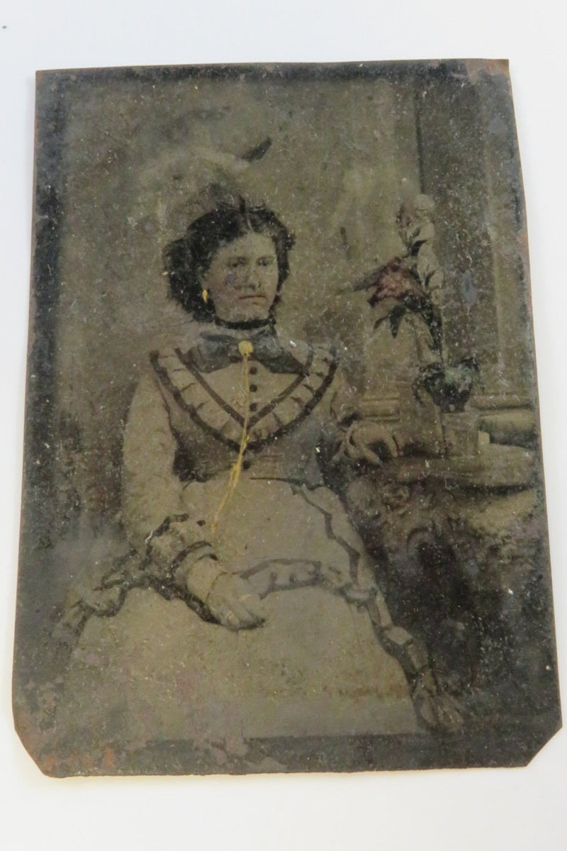 Antique Tintype Photo of Woman in Dress Hand Painted Earrings, Slide Flowers, Li