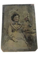 Antique Tintype Photo of Woman in Dress Hand Painted Earrings, Slide Flowers, Li — front view