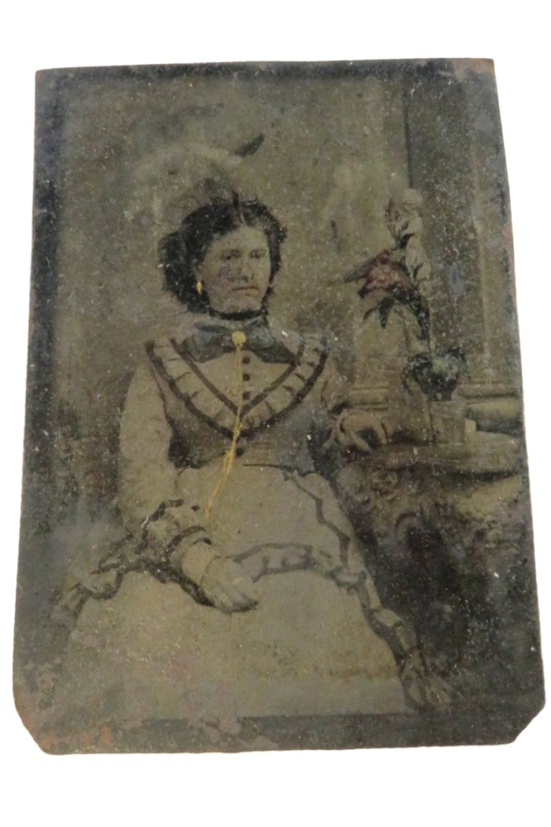 Antique Tintype Photo of Woman in Dress Hand Painted Earrings, Slide Flowers, Li — front view