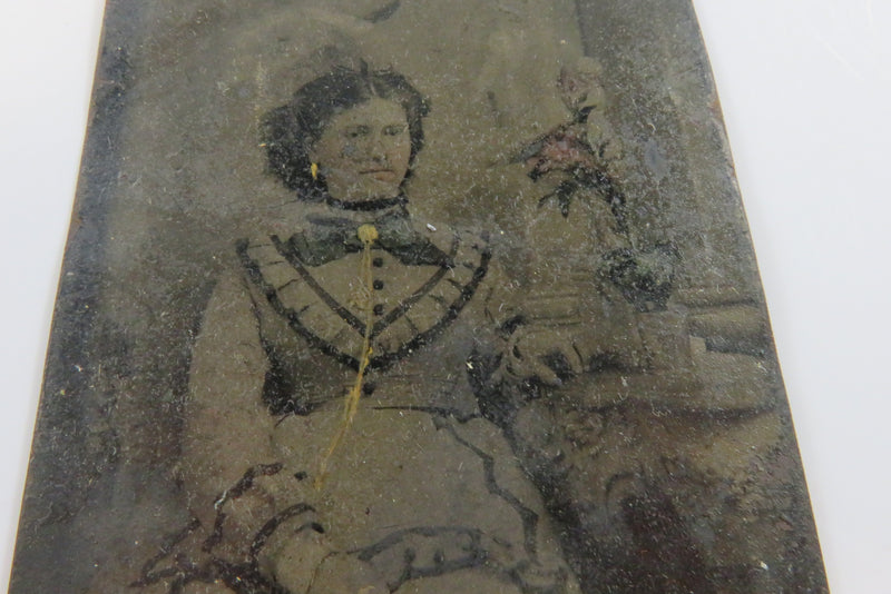 Antique Tintype Photo of Woman in Dress Hand Painted Earrings, Slide Flowers, Li