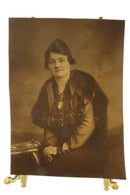 A c1920 Photograph "Dollie" Woman in Fur Coat Huge Cameo Brooch 6" x 4 3/8" — Pearl — front view
