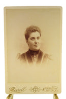 Antique Cabinet Card Woman Puffy Shoulders Tracery Pin Merrell Geneseo NY — front view