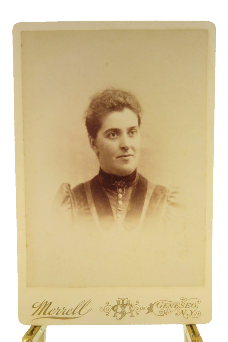 Antique Cabinet Card Woman Puffy Shoulders Tracery Pin Merrell Geneseo NY — front view