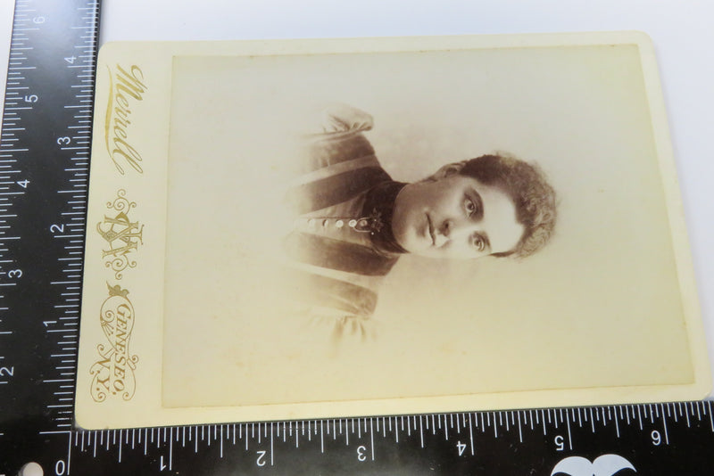 Antique Cabinet Card Woman Puffy Shoulders Tracery Pin Merrell Geneseo NY