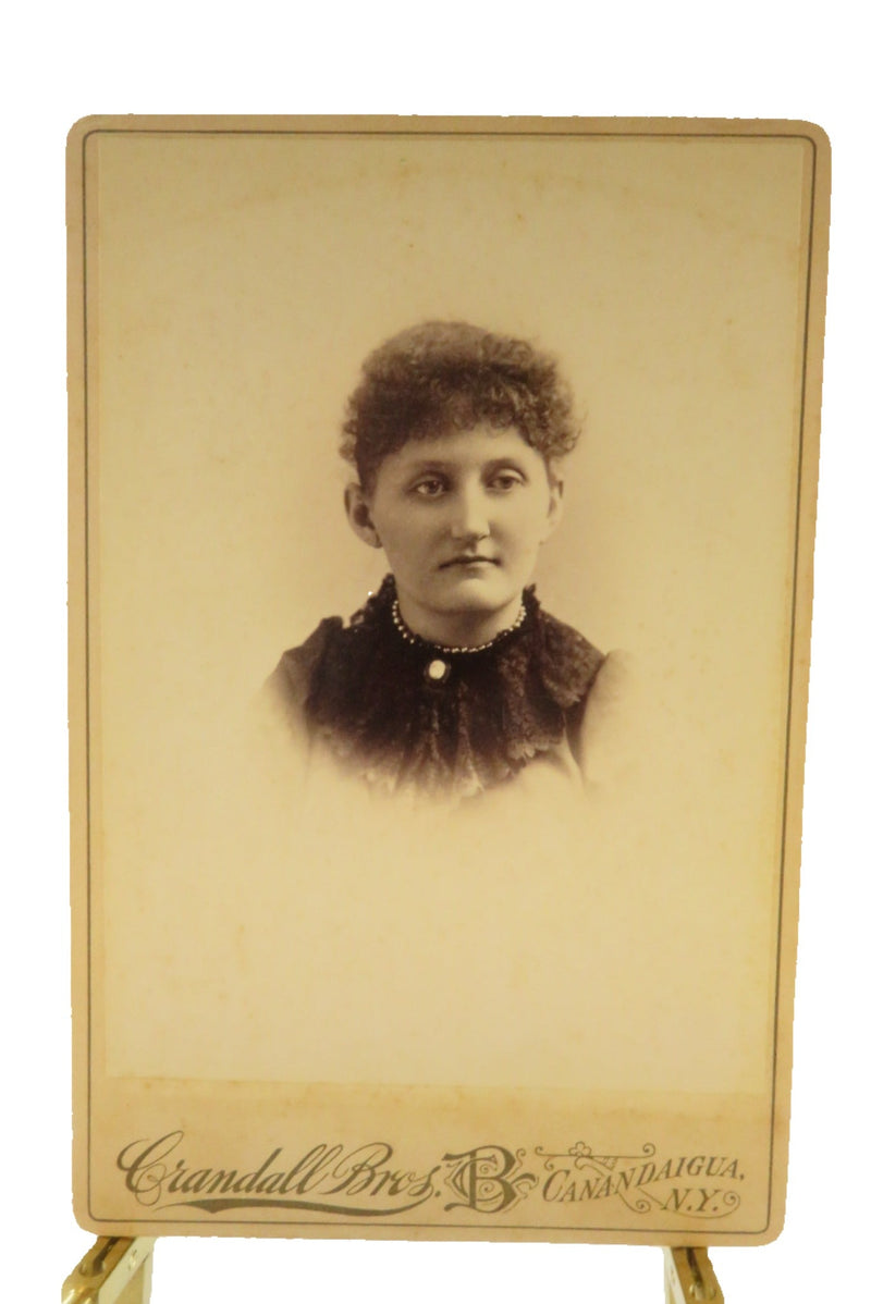 Antique Cabinet Card Photo of Amy Wheaton in Pearls Cameo Brooch Crandall Bros N — Pearl — front view