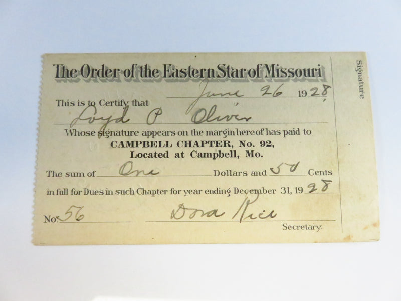 1928 The Order of the Eastern Star of Missouri No92 Campbell MO Lloyd P Oliver Membership Card (Copy)