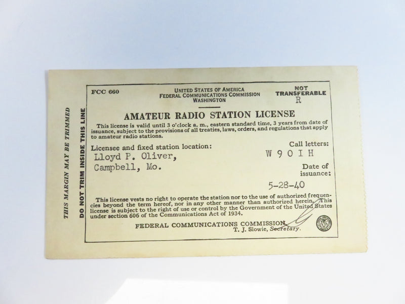 1940 Expired Amateur Radio Station License Card Federal Comm. Commission