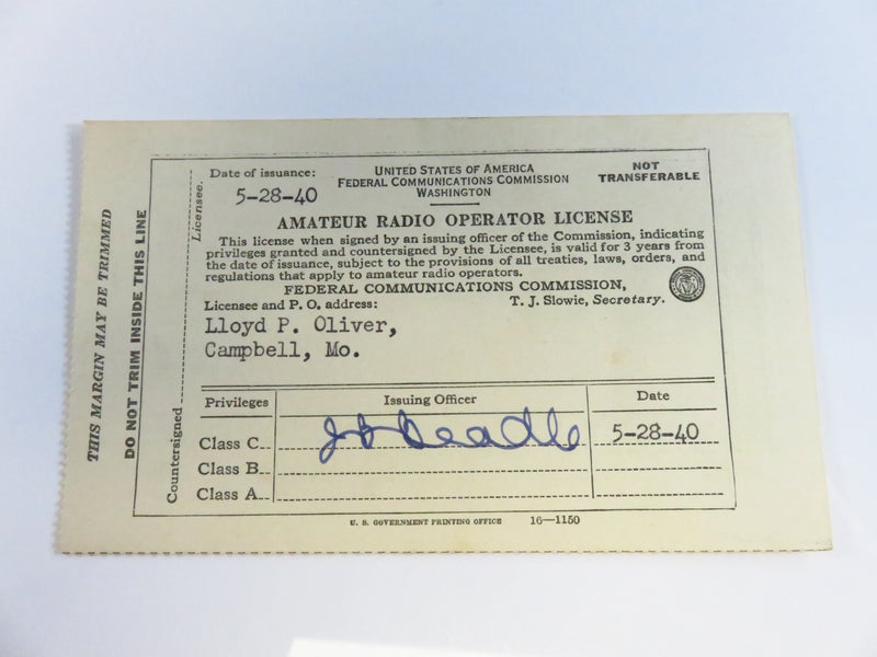 1940 Expired Amateur Radio Station License Card Federal Comm. Commission