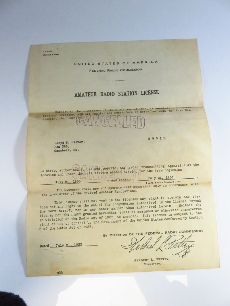 Cancelled 1933 Amateur Radio Station License FRC Facsimile Signed Herbert L Pettey