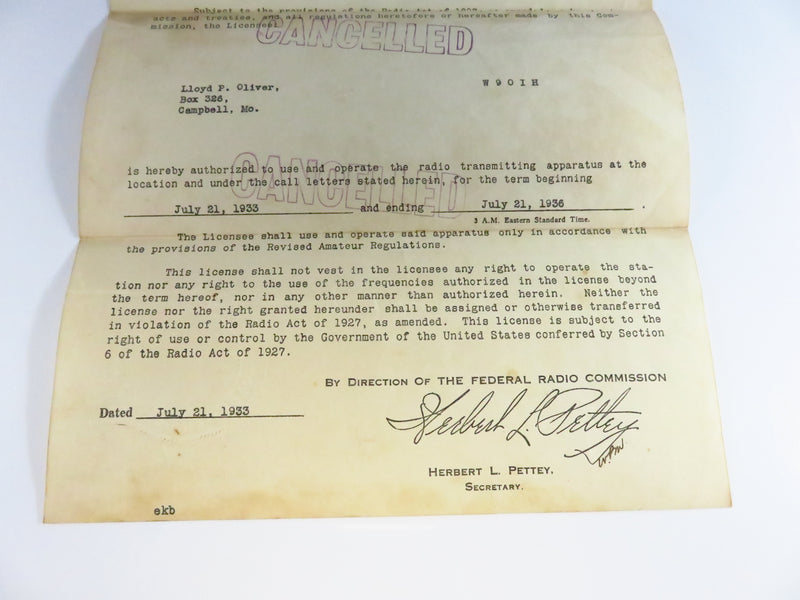 Cancelled 1933 Amateur Radio Station License FRC Facsimile Signed Herbert L Pettey