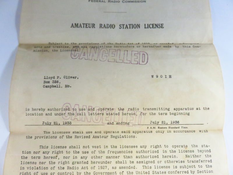 Cancelled 1933 Amateur Radio Station License FRC Facsimile Signed Herbert L Pettey