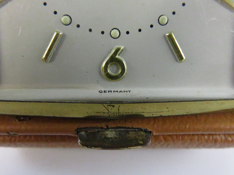 Vintage Westclox German Travel Alarm Clock in Tan Leatherette Case