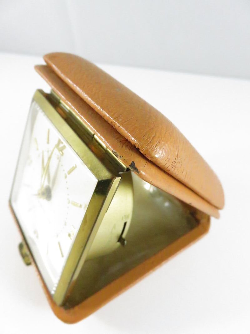 Vintage Westclox German Travel Alarm Clock in Tan Leatherette Case
